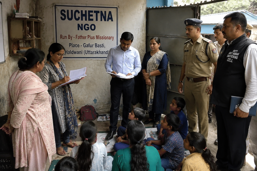 Inspection of illegal NGO Suchetna in Haldwani where officials and police check documents while children sit in an unsafe classroom environment