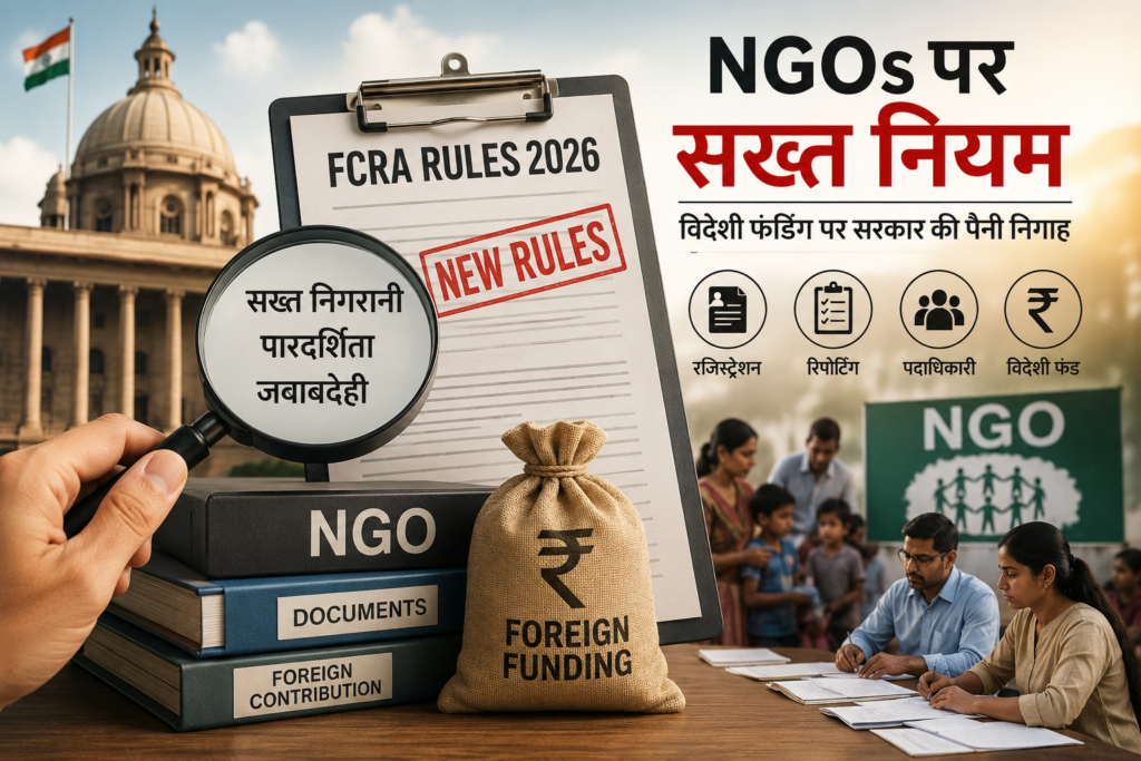 FCRA Rules 2026 illustration showing Indian government oversight on NGOs, with foreign funding documents, magnifying glass symbolizing strict monitoring, and NGO officials reviewing paperwork.