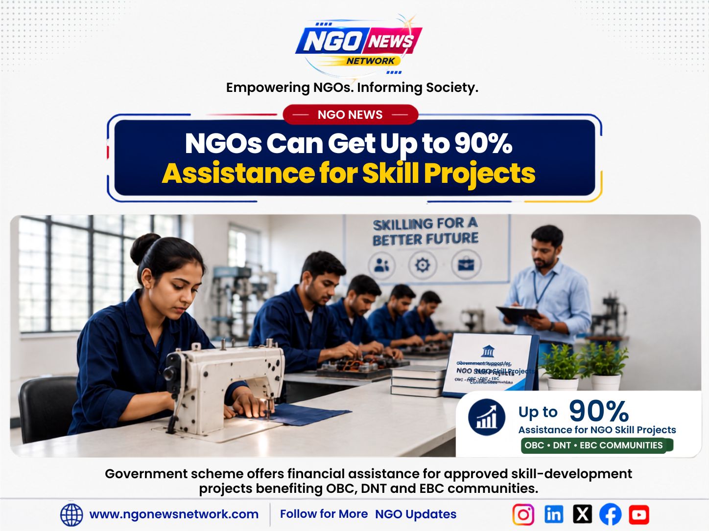 NGO skill development training project with up to 90% government assistance for OBC, DNT and EBC communities